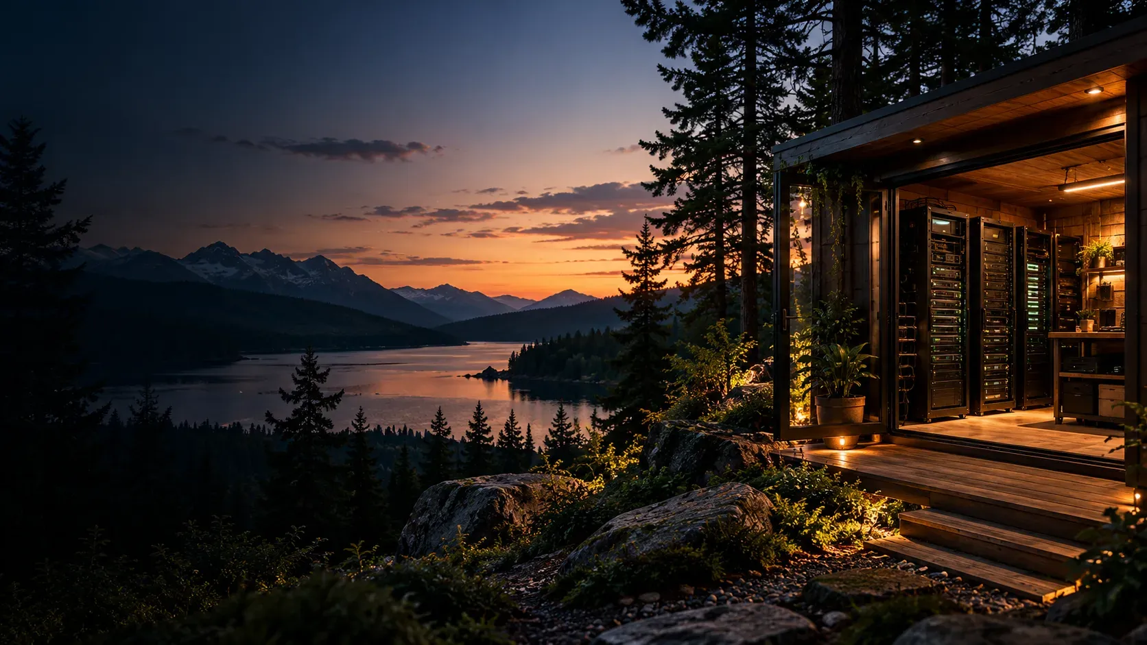A small server cabin among pine trees above a mountain lake at dusk